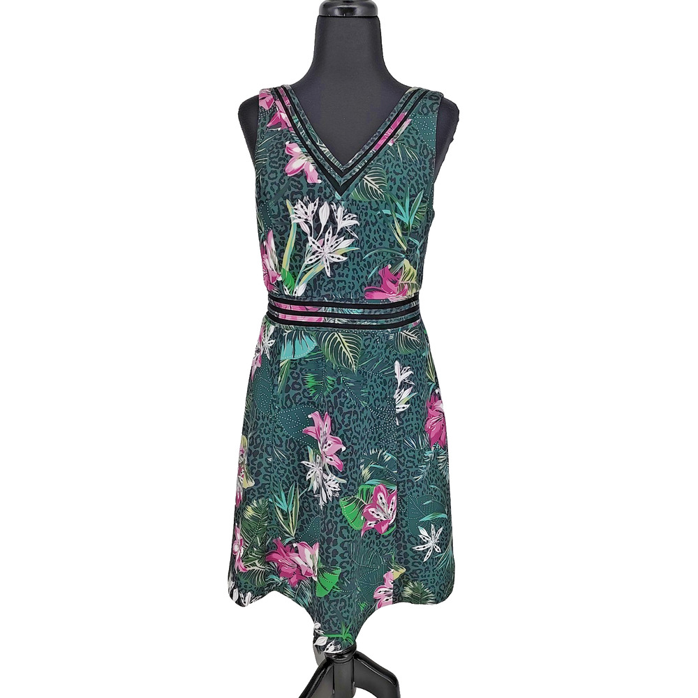 Guess Woman's Green Floral Fit&Flare Dress Size 10 Lined Back Zip V Neck Mesh